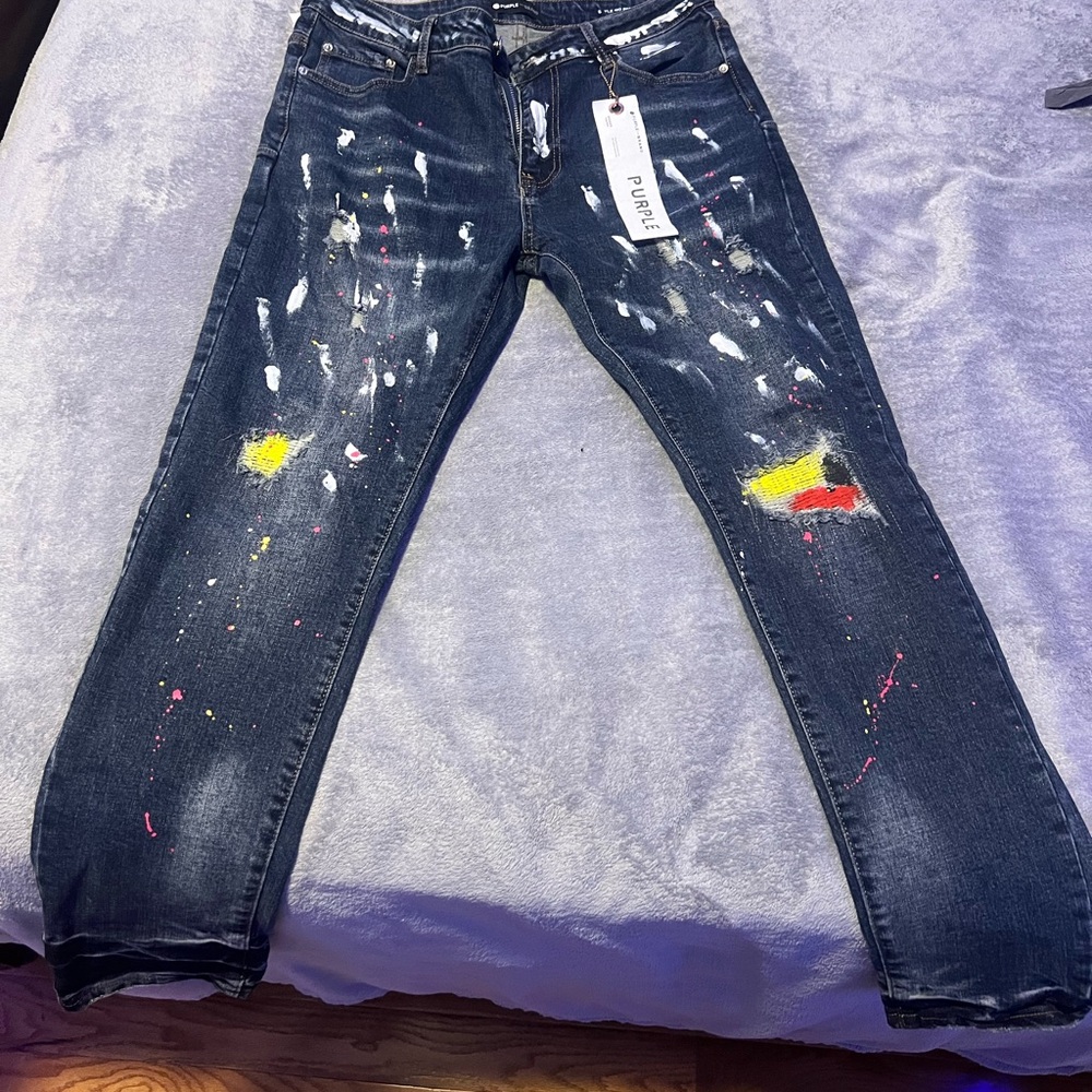 Men's Skinny Jeans - Distressed Blue with Paint Splatter